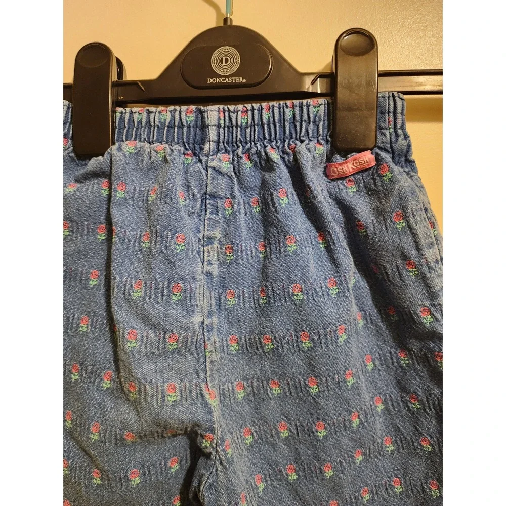 Vintage OshKosh Bgosh Floral Embroidered Denim Pants Blue Rose Elastic Waist
